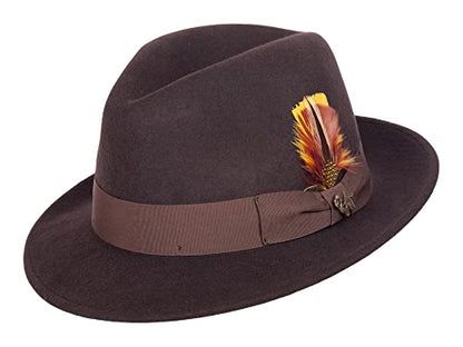 Bigalli Milano Hat Classic Mens Fedora Hat 100% Wool Felt Crushable Center Dent Water Repellent | Grosgrain Ribbon - color: Dark Brown, size: Small