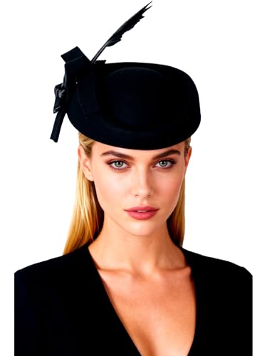 HIMESPORT Wool Felt Fascinators Hats Women Ladies Wedding Cocktail Tea Party Church Derby Cap Pillbox Hat with Feather - color: Black