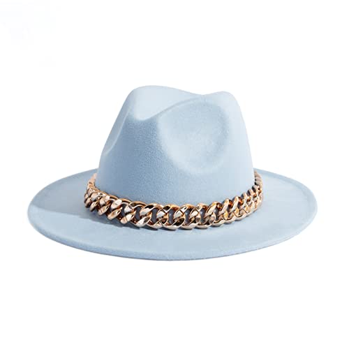Men & Women Wide Brim Fedora Hat with Chain Buckle - color: Chain Belt-sky Blue