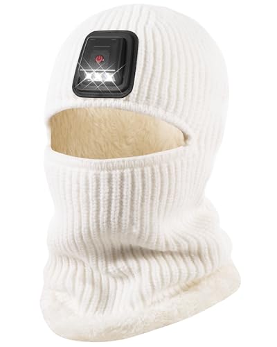 Winter Balaclava Knitted Ski Mask with LED Light - Fleece Lined Full Face Cover Windproof Snow Mask for Skiing, Motorcycling - color: White