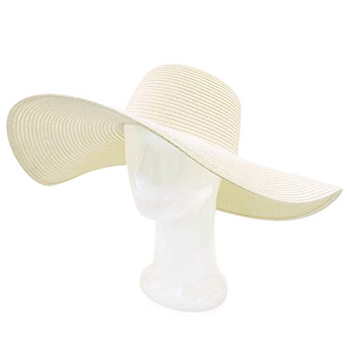 Womens 5.75" Wide Brim Foldable UPF50 Floppy Summer Straw Hat Sun Beach Hat - color: Ivory
