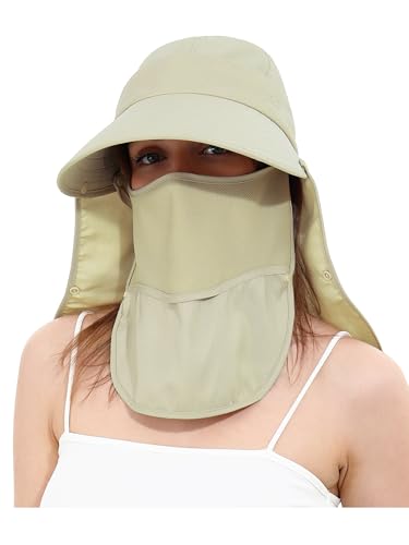LA CARRIE Women Sun Hats Detachable Wide Brim UV UPF 50+ Face Mask Visor with Neck Flap Hat for Summer Beach - color: Khaki