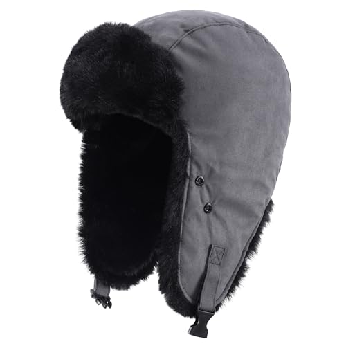 Connectyle Aviator Trapper Hat for Men Women Faux Fur Warm Winter Hat with Ear Flaps Faux Suede Ushanka Cold Weather Hats - color: Grey