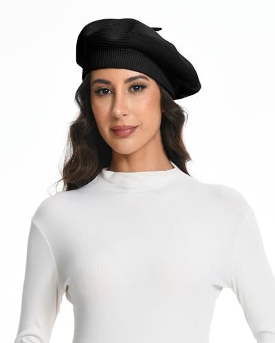 Cotton Knitted Women Beret Hat, French Style Solid Color Beret, Winter Autumn Warm and Soft Beanie Hat - color: Black