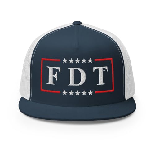 NX FDT Embroidered Flat Bill Trucker Hat High Crown Adjustable FDT Hat - color: Navy/ White