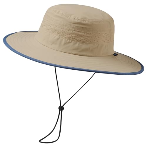 UPF 50+ Foldable Brim Water-Resistant Sun Bucket Hat with Laser Perforated Mesh Adjustable for Men Women Outdoor - color: Khaki, size: Medium
