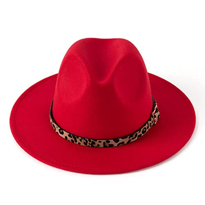 Women's Wide Brim Felt Fedora Panama Hat with Leopard - color: Red
