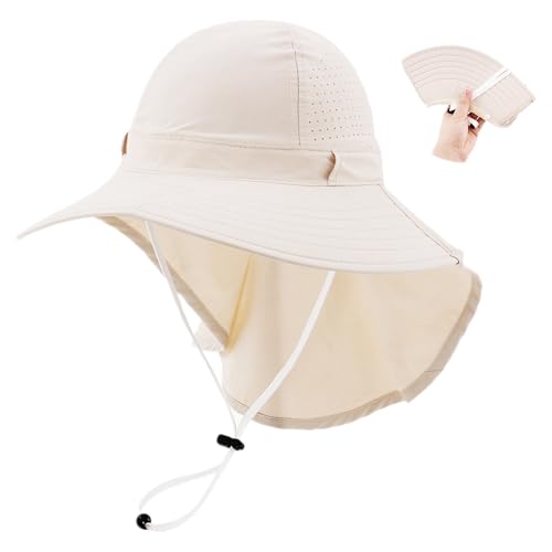 Sun Hats for Men Women with Neck Flap UPF 50+ UV Protection Wide Brim Bucket Hat Safari Hiking Fishing Hats - color: Beige