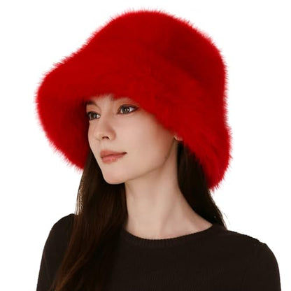 Women's Oversized Faux Fur Bucket Hat, Fluffy Plush Winter Hat, Solid Color - color: Red