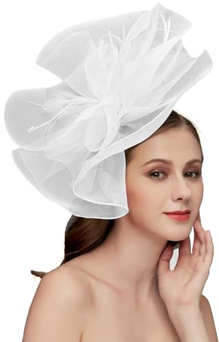 Women's Fascinators Hat for Women Tea Party Headband Wedding Cocktail Flower Mesh Feathers Hair Clip - color: 01 White