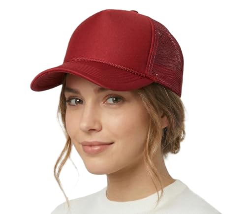 NYFASHION101 Plain Mesh Trucker Hat - Breathable 6-Panel Daily Snapback Cap, Customizable Ideal for DIY Embroidery & Patches - color: Red