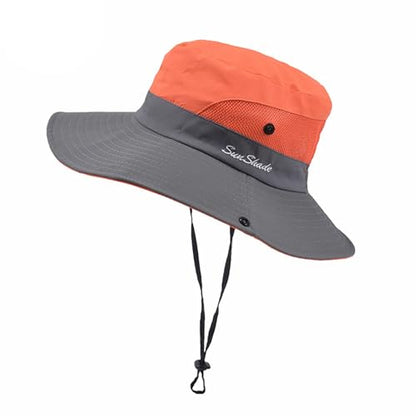 Outdoors Tribe Foldable Sun Hat for Women, Beach Foldable Mesh Fishing Cap, Wide Brim Ponytail Sun Hat - color: Orange