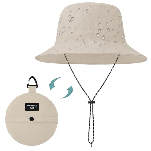 Kids UPF 50+ Waterproof Sun Hat, Packable Wide Brim Bucket Hat - color: Beige