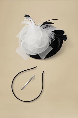 BABEYOND Fascinators Hats for Women Tea Party Mesh Flower Pillbox Derby Hat - color: Black White