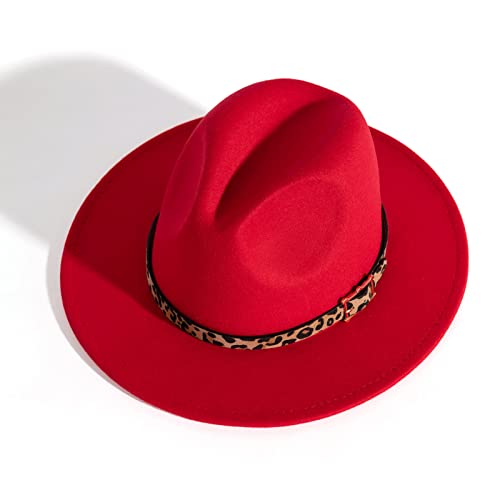 Women's Wide Brim Felt Fedora Panama Hat with Leopard - color: Red