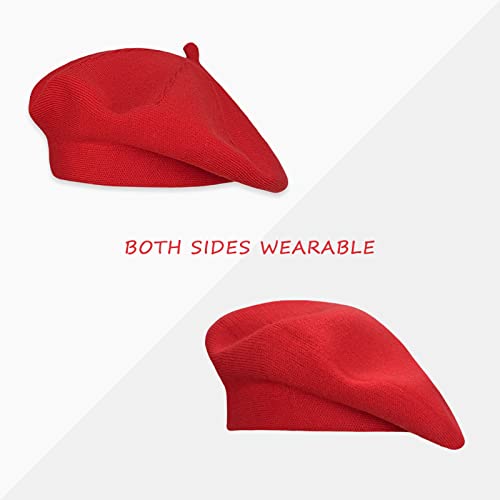 Gllutt Beret Hat French Style Stretchy Knitting Solid Color Both Side Usable - color: Red