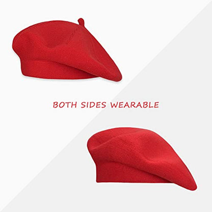 Gllutt Beret Hat French Style Stretchy Knitting Solid Color Both Side Usable - color: Red