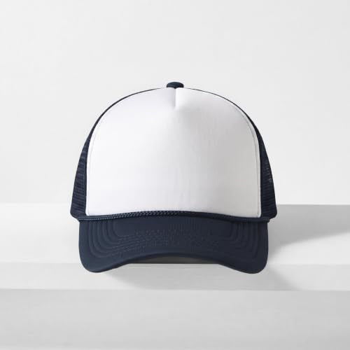 CHOK.LIDS Blank Foam Trucker Hat, Retro Mesh Rope Snapback Cap, Men Women - color: Curved Brim (White/Navy)
