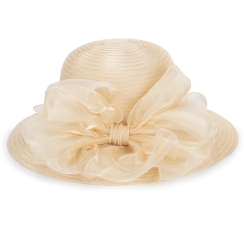 Women Kentucky Organza Derby Hat - Wide Brim Summer Sun Hat for Bridal Wedding Church Tea Party - color: Champagne
