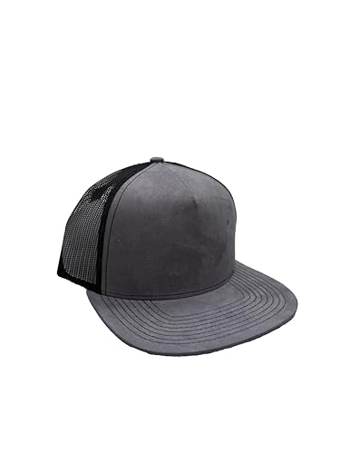 Ashen Fane Faux Suede Polyester Blend 5 Panel Classic Flat or Round Visor Adjustable Snapback Mesh Back Trucker Hat - color: Flat - Charcoal