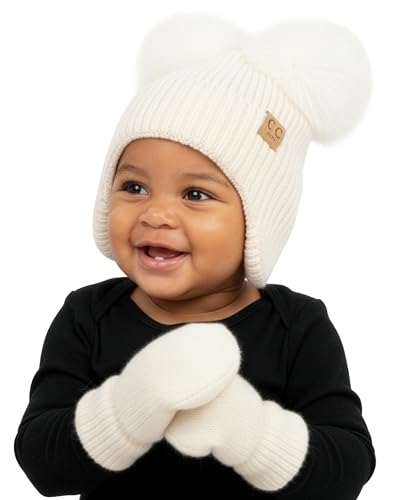 Funky Junque Baby Double Faux Fur Pom Pom Beanie & Mittens Set – Newborn Infant 0–9 Months Winter Hat with Soft Lined Mittens - color: Ear Flap Ivory W/ Ivory Mittens (0-9 Months)