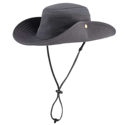 Home Prefer UPF 50+ Wide Brim Sun Hat Mesh Crown Foldable Cotton Bucket Cowboy Hat for Men Safari Golf Fishing Beach Garden - color: Dark Grey, size: Large