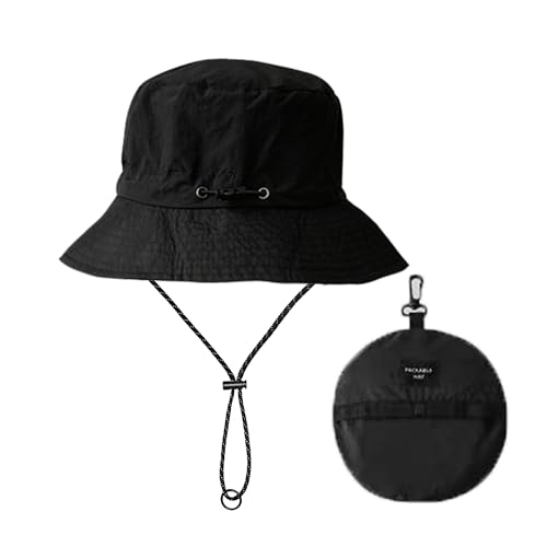 Splash-Proof Packable Bucket Hat for Men Women Lightweight Foldable Fishing Hiking Sun Hat with Adjustable Chin Strap - color: Black