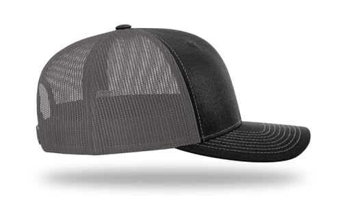 Richardson 112 Trucker Hat - Premium Blank Baseball Cap, Adjustable Snapback Hat - Structured Six Panel Richardson Blank Hats - color: Black/ Charcoal
