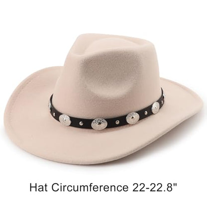 DRESHOW Women Men Classic Felt Wide Brim Western Cowboy & Cowgirl Cap Belt Buckle Retro Panama Hat Unisex Rolled up Caps - color: Beige With Black Hatband(circumference: 22-22.8")