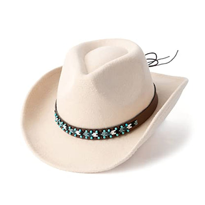 Western Cowboy Hat Felt Wide Brim Women Men Cowgirl Hats - color: X-beaded Buckle-beige