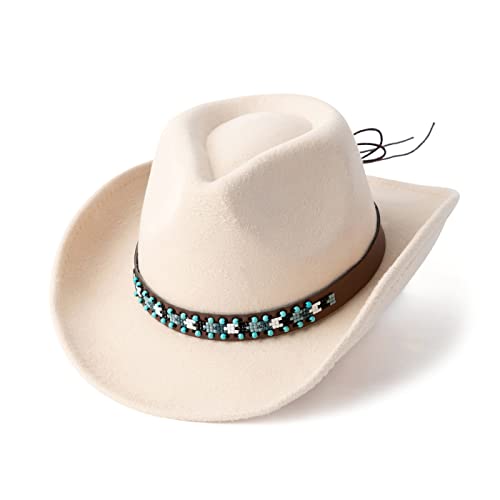 Western Cowboy Hat Felt Wide Brim Women Men Cowgirl Hats - color: X-beaded Buckle-beige