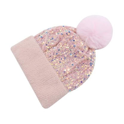 Women Sparkly Sequins Knitted Beanie Hat Warm Winter Skull Cap with Faux Fur Pom Pom - color: Light Pink
