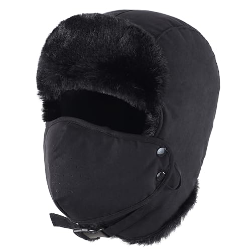Connectyle Aviator Trapper Hat for Men Women Faux Fur Warm Winter Hat with Ear Flaps Faux Suede Ushanka Cold Weather Hats - color: Black