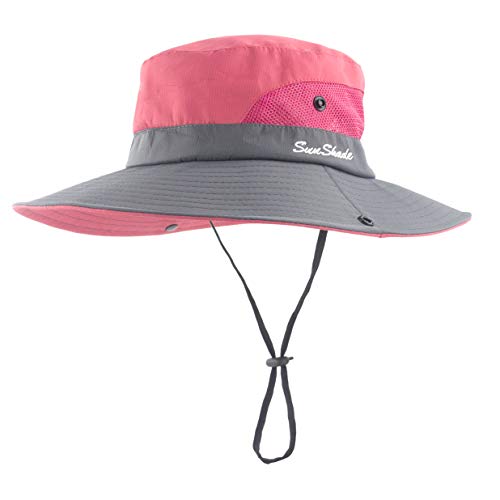 Muryobao Women's Ponytail Sun Hat UV Protection Foldable Mesh Wide Brim Beach Fishing Hat - color: Watermelon Red