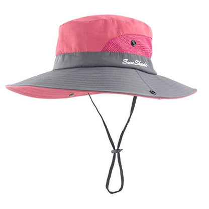 Muryobao Women's Ponytail Sun Hat UV Protection Foldable Mesh Wide Brim Beach Fishing Hat - color: Watermelon Red