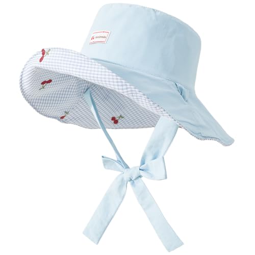 Women's Reversible Bucket Sun Hat with Cherries Embroidered Pattern, UPF 50+ UV Protection, Water Resistant for Beach Hiking - color: Light Blue