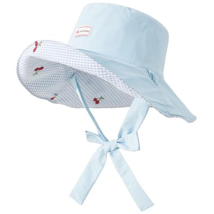 Women's Reversible Bucket Sun Hat with Cherries Embroidered Pattern, UPF 50+ UV Protection, Water Resistant for Beach Hiking - color: Light Blue