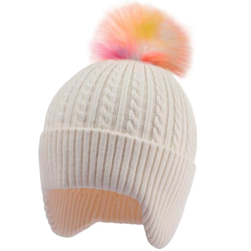 Toddler Earflap Beanie Hat with Rainbow Pom for Little Girls Knitted Beanies Kids Winter Skiing Caps Age 3-8 - color: Beige