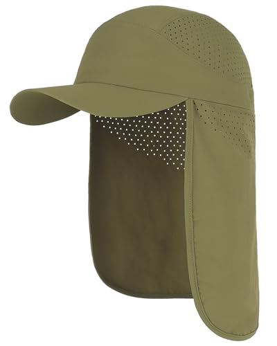 UPF 50+ Baseball Cap with Neck Flap, Breathable Fishing Hat for Men Adjustable Sun Hat for Golf Hiking - color: Olive Green