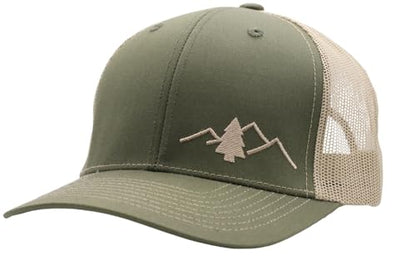 LINDO Trucker Hat [ Great Outdoors Design ] for Men and Women: Mid Profile Cap with Breathable Mesh Back and Adjustable Snap - color: Green/Beige
