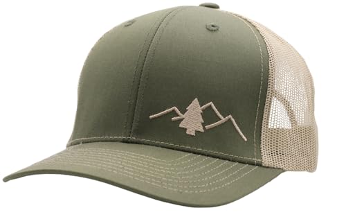 LINDO Trucker Hat [ Great Outdoors Design ] for Men and Women: Mid Profile Cap with Breathable Mesh Back and Adjustable Snap - color: Green/Beige