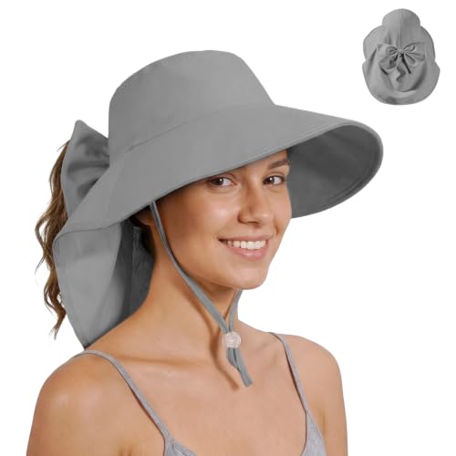Womens Ponytail Hole Sun Hat with Neck Flap Outdoor UPF 50+ - color: Grey