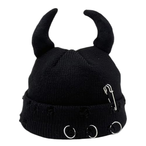 Distressed Ring Beanie Hat for Women Men Slouchy Skull Cap - color: Horns Black