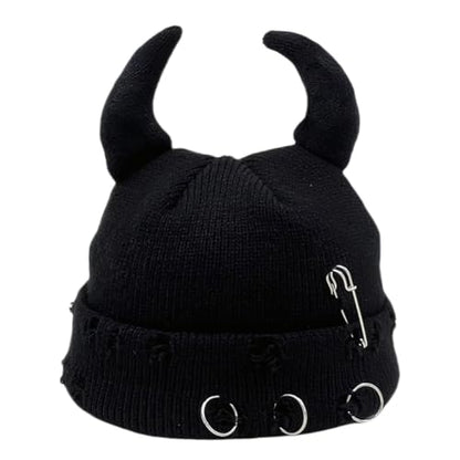 Distressed Ring Beanie Hat for Women Men Slouchy Skull Cap - color: Horns Black