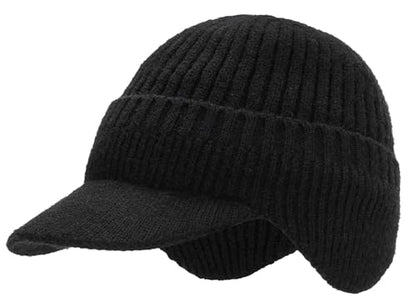 Men Warm Baseball Beanie Hat with Earflap Winter Visor Brim Knitted Caps Thicken Plush Lined Skull Ski Hat