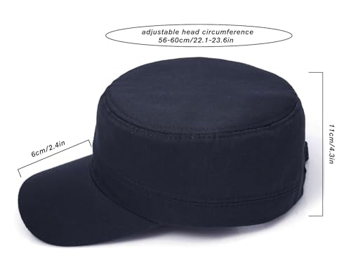 Washed Cotton Flat Top Military Cap for Unisex - color: Navy Blue