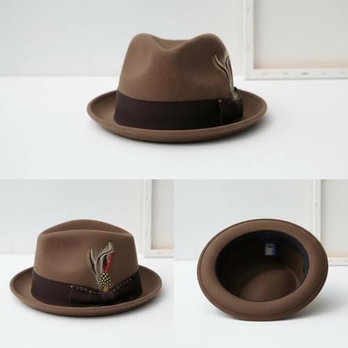 Home Prefer Men's Wool Felt Winter Hat Short Brim Fedora Hat with Feather - color: Brown