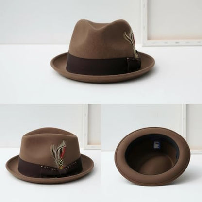 Home Prefer Men's Wool Felt Winter Hat Short Brim Fedora Hat with Feather - color: Brown