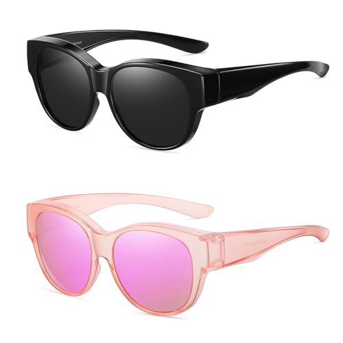 Wzerry Polarized Fit Over Glasses Sunglasses for Women Cat Eye UV400 - color: B09 L Black/Grey+matte Pink/Pink