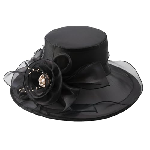 DRESHOW Women Organza Hat Church Cap Hats Clearance Kentucky Derby Cocktail Tea Party Wedding Flower Hat with Wide Brim - color: Flower Hat: Black